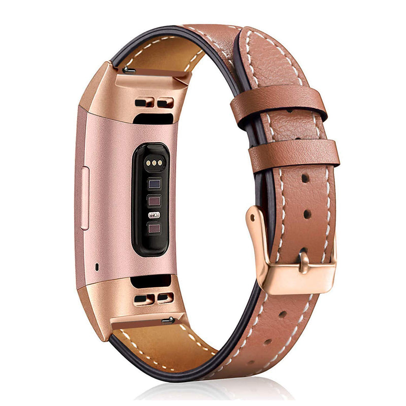 MORNEX Leather Band Compatible for Fitbit Charge 3/ Charge 4, Replacement Genuine Leather Bands for Women Men 03.Royal Gold Connector & Brown 5.5 - 8.1 Inch