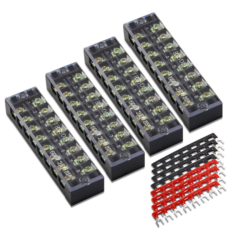 MILAPEAK Terminal Block and Strip - 4 pcs 8 Positions 600V 25A Dual Row Screw Terminals Strip with Cover + 8 pcs 400V 25A 8 Positions Pre-Insulated Terminal Barrier Jumper Strips Black & Red 25A 8P+8pcs Jumpers