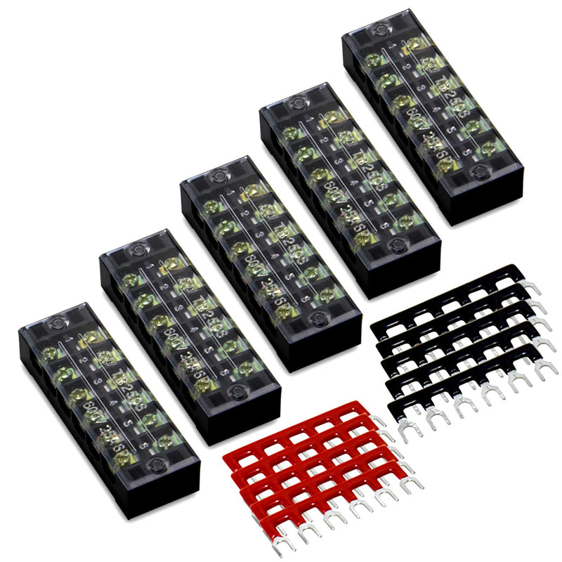 MILAPEAK Terminal Block and Strip - 5pcs 6 Positions 600V 25A Dual Row Screw Terminal Strip with Cover + 10pcs 400V 25A 6 Positions Pre-Insulated Terminal Barrier Jumper Strips Black & Red 25A 6P+10pcs Jumpers