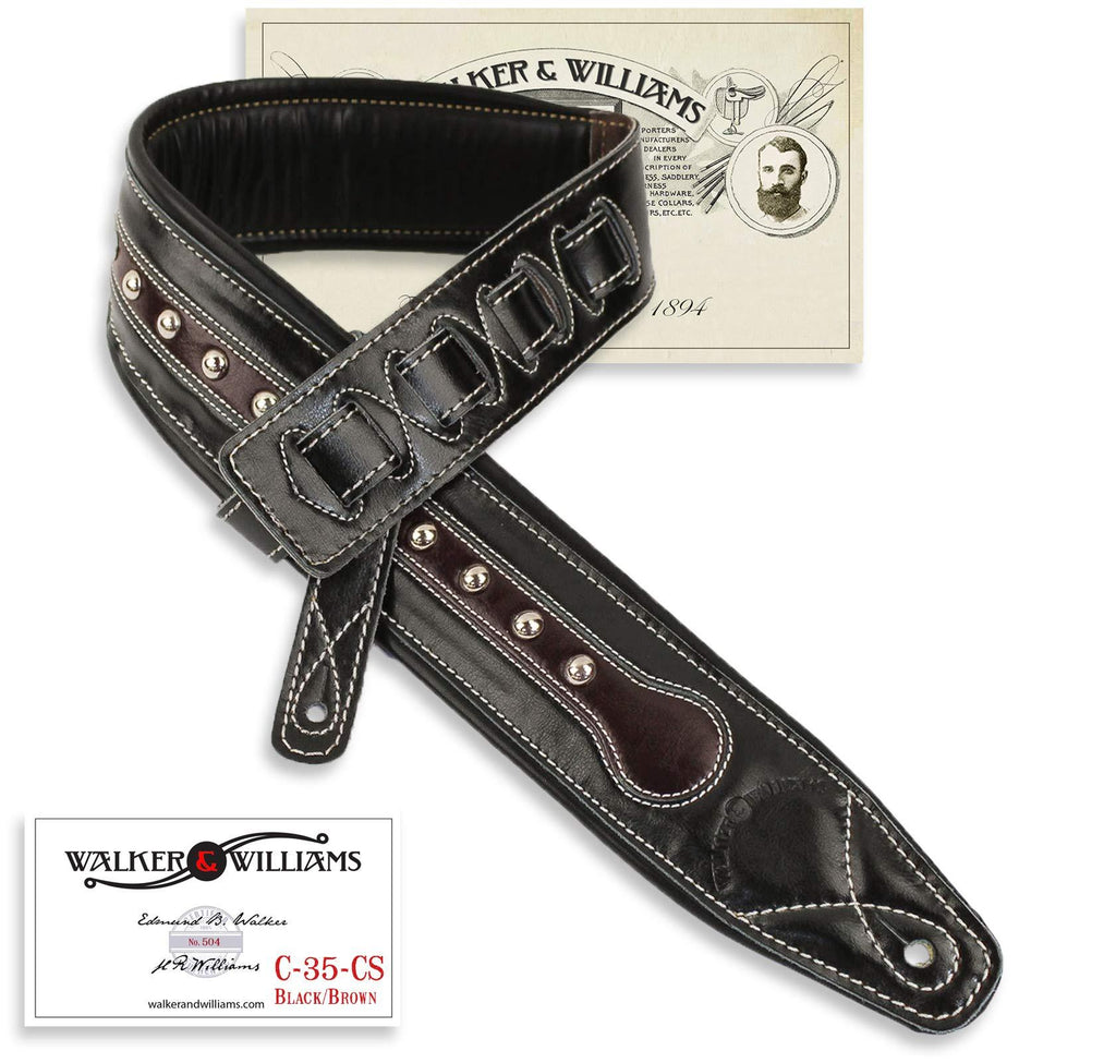 Walker & Williams C-35 CS Black and Brown Premium Top Grain Leather Padded Guitar Strap with Metal Studs