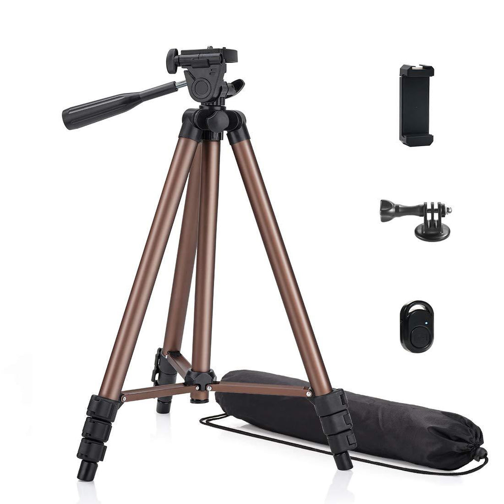 Phinistec 50" Phone Tripod Stand for Smartphone, Camera, iPhone, Webcam, Gopro with Universal Cell Phone Mount, Bluetooth Remote, Gopro Adapter and Bag (Matte Brown) 50"-Coffee