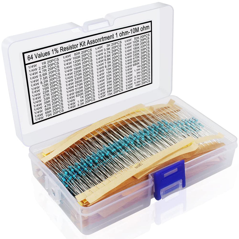 1280 Pieces 64 Values Resistor Kit, 1% Assorted Resistors 1 Ohm-10M Ohm 1/4W Metal Film Resistors Assortment for DIY Projects and Experiments