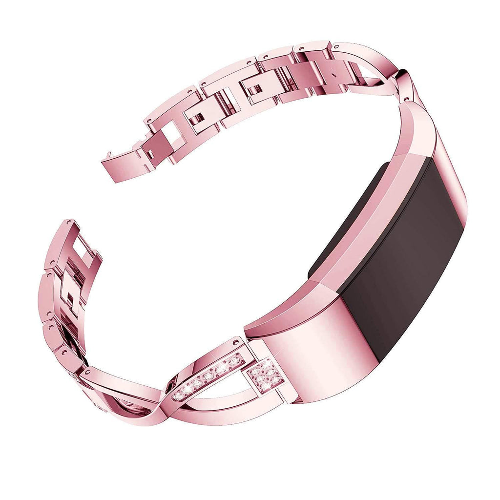 AIIKO Replacement for Fitbit Charge 2 Bands for Women Metal Bangle/Bracelet/Assesories/Straps/Wrist Band Link Bracelet with Crystal Rhinestone Diamond Bling for Fitbit Charge hr 2 Women-Rose Pink