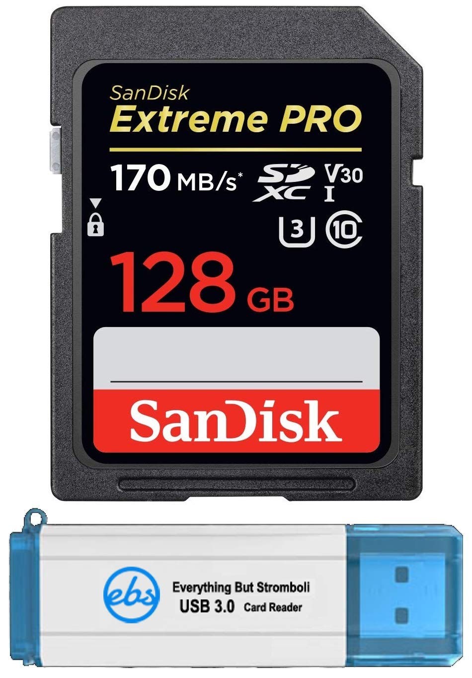 SanDisk 128GB SDXC SD Extreme Pro Memory Card Bundle Works with Nikon D3500, D7500, D5600 Digital DSLR Camera 4K V30 U3 (SDSDXXY-128G-GN4IN) Plus (1) Everything But Stromboli (TM) 3.0 SD/Micro Reader