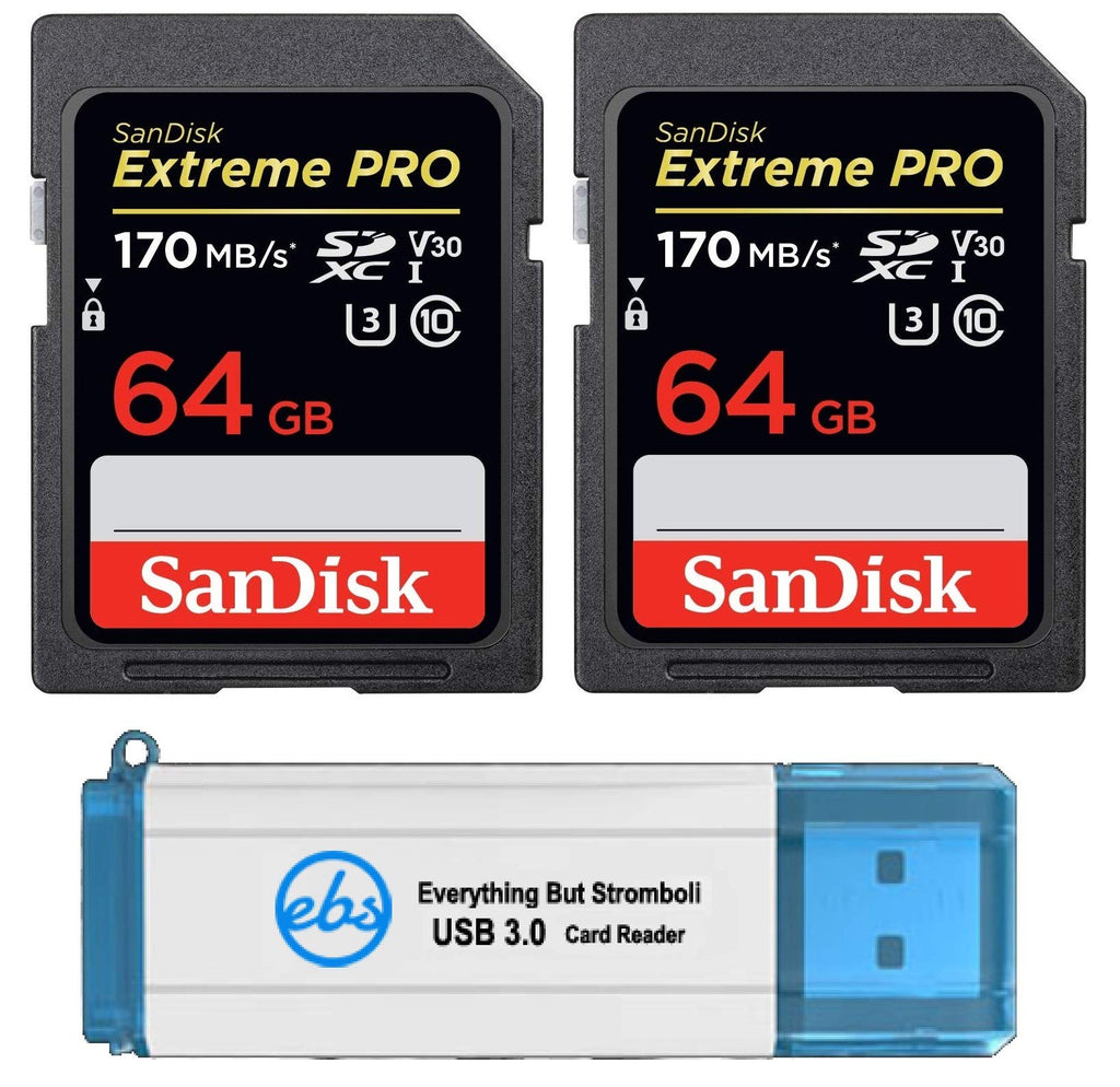 SanDisk 64GB SDXC SD Extreme Pro Memory Card (Two Pack) Bundle works with Nikon D3500, D7500, D5600 Digital DSLR Camera 4K V30 U3 (SDSDXXY-064G-GN4IN) Plus (1) Everything But Stromboli (TM) 3.0 Reader