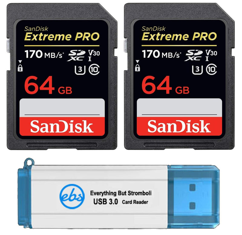 SanDisk 64GB SDXC SD Extreme Pro Memory Card (Two Pack) Bundle works with Nikon D3500, D7500, D5600 Digital DSLR Camera 4K V30 U3 (SDSDXXY-064G-GN4IN) Plus (1) Everything But Stromboli (TM) 3.0 Reader