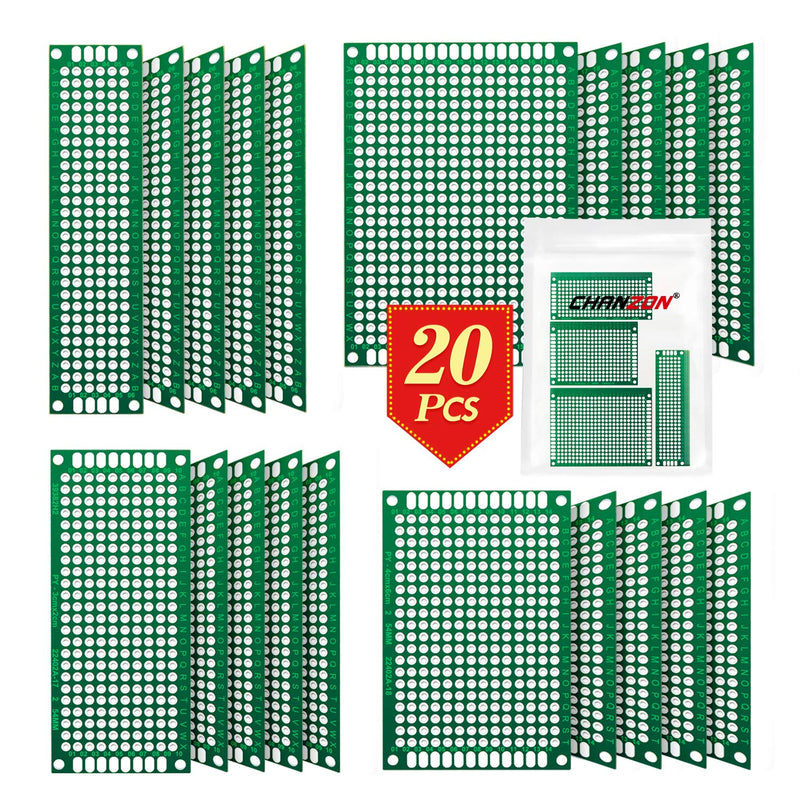 Chanzon 20 Pcs Double Sided PCB Board ( 4 Sizes - 2X8 3X7 4X6 5X7 ) Tinned Through Holes FR4 Prototype Kit Printed Circuit Universal Perfboard for DIY Soldering Project Compatible with Arduino Kits 2) 20pcs Kit