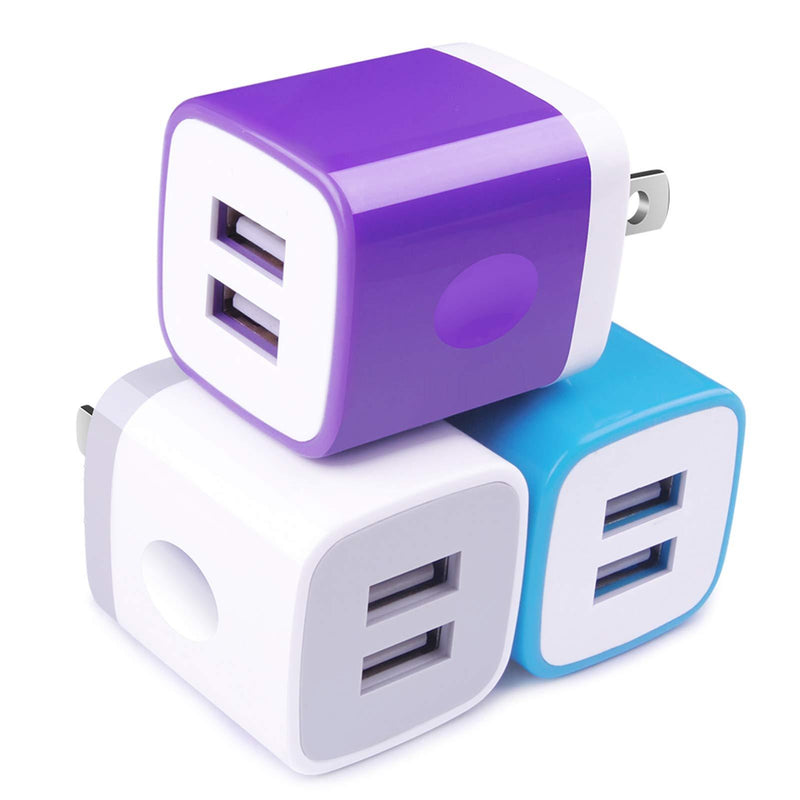 USB Wall Charger Dual USB Charger Adapter 3-Pack 2.1A 2-Port USB Cube Power Adapter Wall Charger Plug Charging Block Cube Compatible for iPhone 8/7/6 Plus/X, iPad, Samsung Galaxy S5 S6 S7 Edge,LG, HTC 3-Pack (White, Purple, Blue)