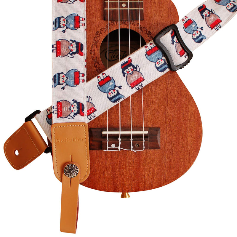 MUSIC FIRST Original Design “CARTOON KIDS” Soft Cotton & Linen & Genuine Leather Ukulele Strap Ukulele Shoulder Strap With a MUSIC FIRST Genuine Leather Strap Locker