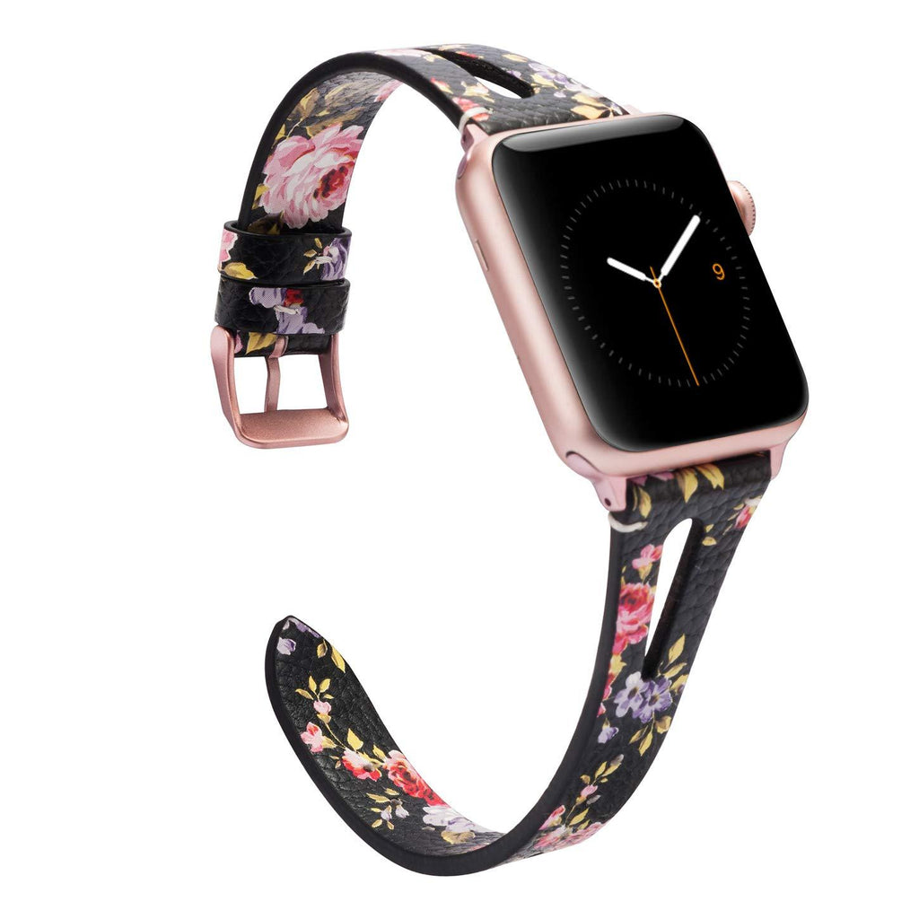 Wearlizer Womens Floral Compatible with Apple Watch Band 38mm 40mm for iWatch SE Womens Top Grain Leather Strap Triangle Hole Stylish Wristband Replacement (Metal Rose Gold Clasp) Series 6 5 4 3 2 1 Floral-Black Pink 38mm/40mm
