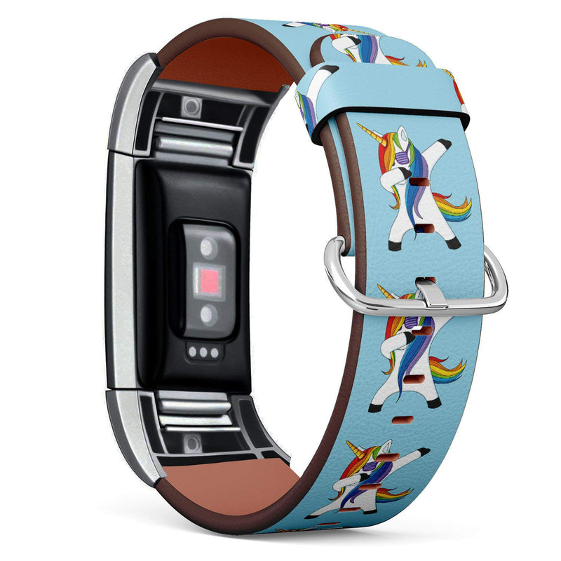 Replacement Leather Strap Printing Wristbands Compatible with Fitbit Charge 2 - Funny Unicorn Dancing Dab Step on Light Blue Background