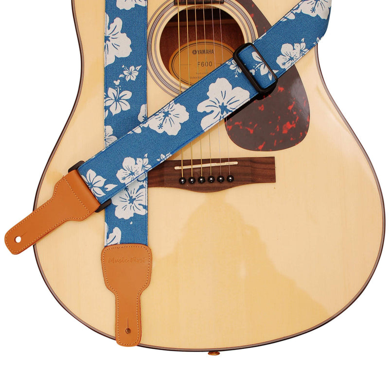 MUSIC FIRST Original Design, 2 inch width (5cm), Hawaii Style “Blue and White Plumeria” Soft Cotton & Genuine Leather Delux Guitar Strap, Ukulele Strap, Mandolin Strap, Salute ELVIS