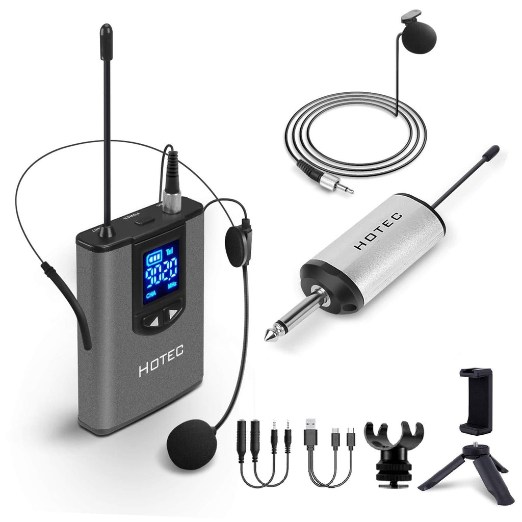 [AUSTRALIA] - Hotec UHF Wireless Headset Microphone/Lavalier Lapel Mic with Bodypack Transmitter and Mini Rechargeable Receiver 1/4" Output, for Live Performances, Support Phone silver 