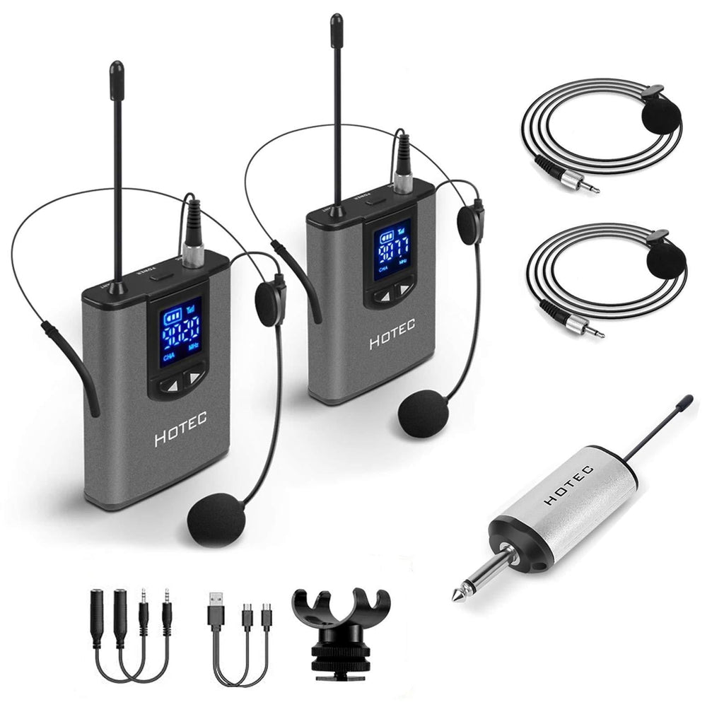 [AUSTRALIA] - Hotec Wireless System with Dual Headset Microphones/Lavalier Lapel Mics and Bodypack Transmitters and One Mini Rechargeable Receiver 1/4" Output, for Live Performances silver 