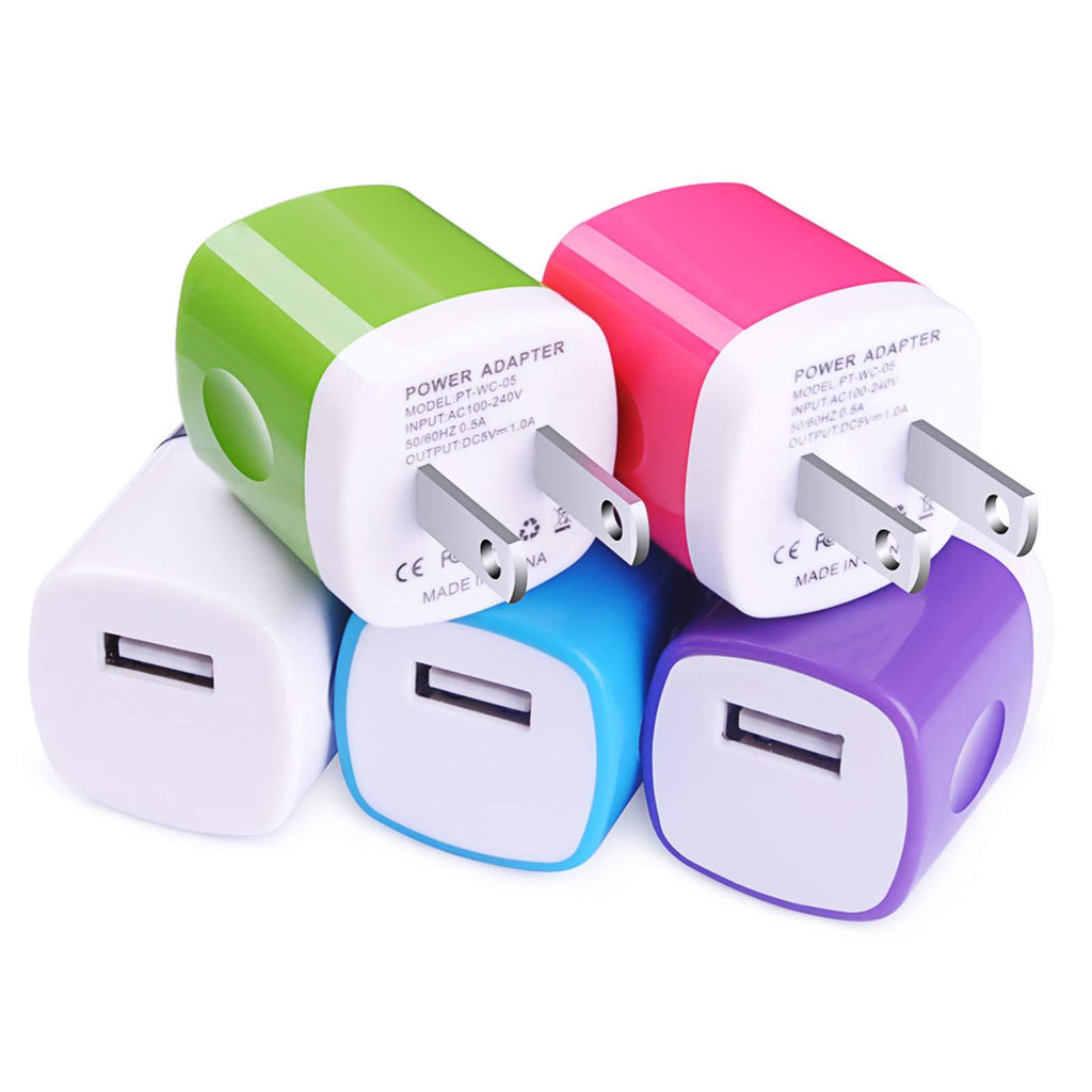 USB Charger, Charging Block CIQILY 5-Pack 1A/5V USB Power Home Travel Adapter Wall Charger Cube Brick Box Base Head Compatible for Phone X 8 7 6 Plus 5S, iPad, Samsung, LG, Moto,Tablet, Android Phone White,Blue,Purple,Green,Rosered