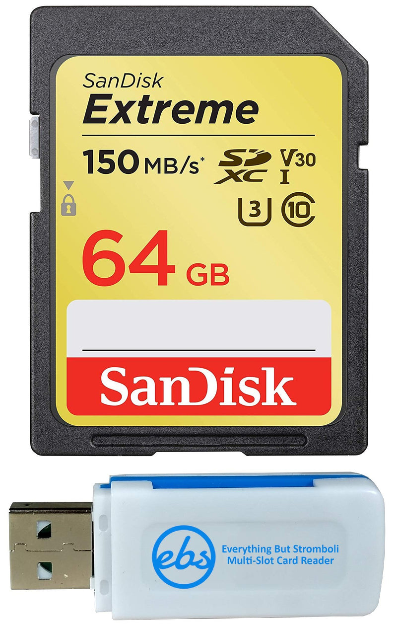 SanDisk 64GB SDXC SD Extreme Memory Card Works with Canon EOS 77D, 80D, 70D, 6D, 60D Digital DSLR Camera 4K V30 U3 (SDSDXVE-064G-GNCIN) Bundle with (1) Everything But Stromboli Combo Card Reader