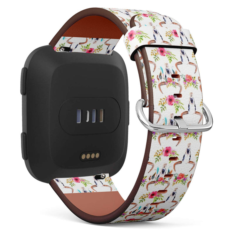 Compatible with Fitbit Versa, Versa 2, Versa Lite - Quick Release Leather Wristband Bracelet Replacement Accessory Band - Watercolor Bull Skull Flowers Feathers