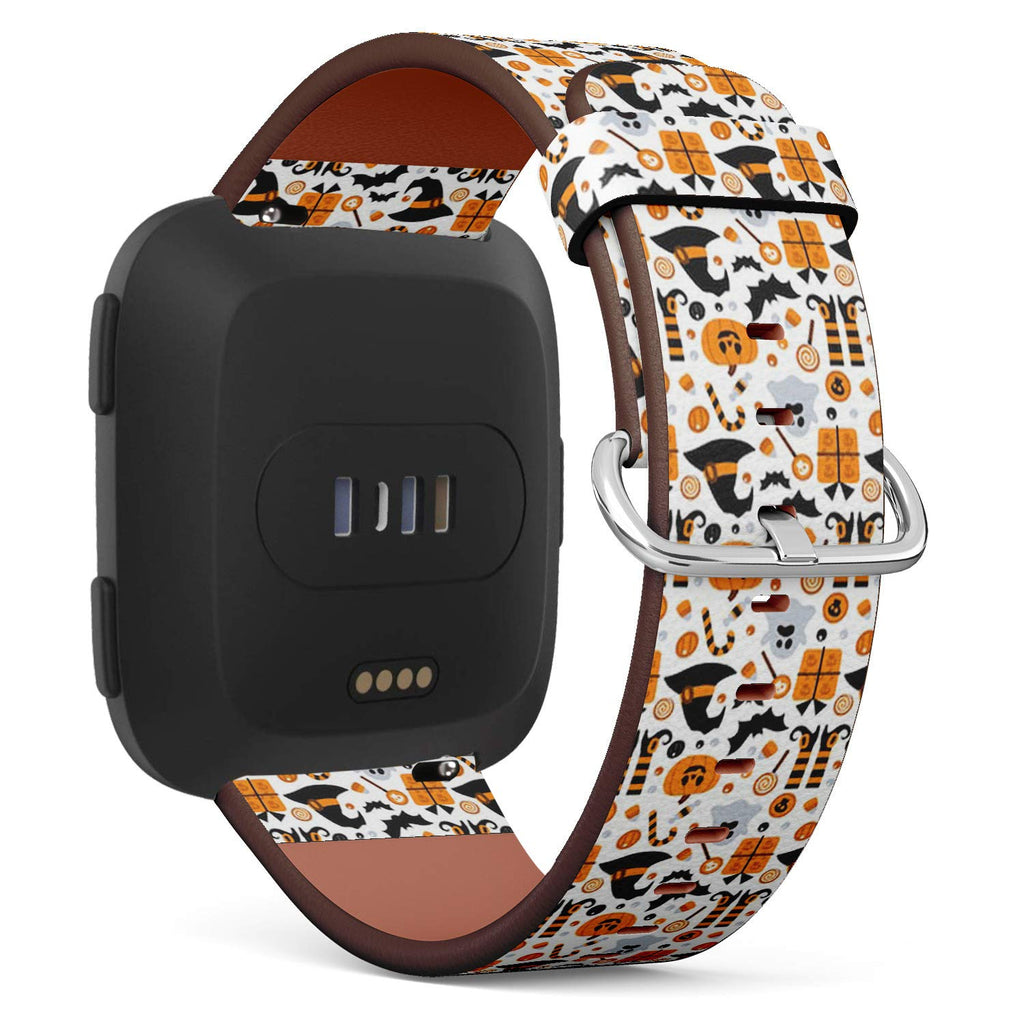 Compatible with Fitbit Versa, Versa 2, Versa Lite - Quick Release Leather Wristband Bracelet Replacement Accessory Band - Halloween Pumpkin