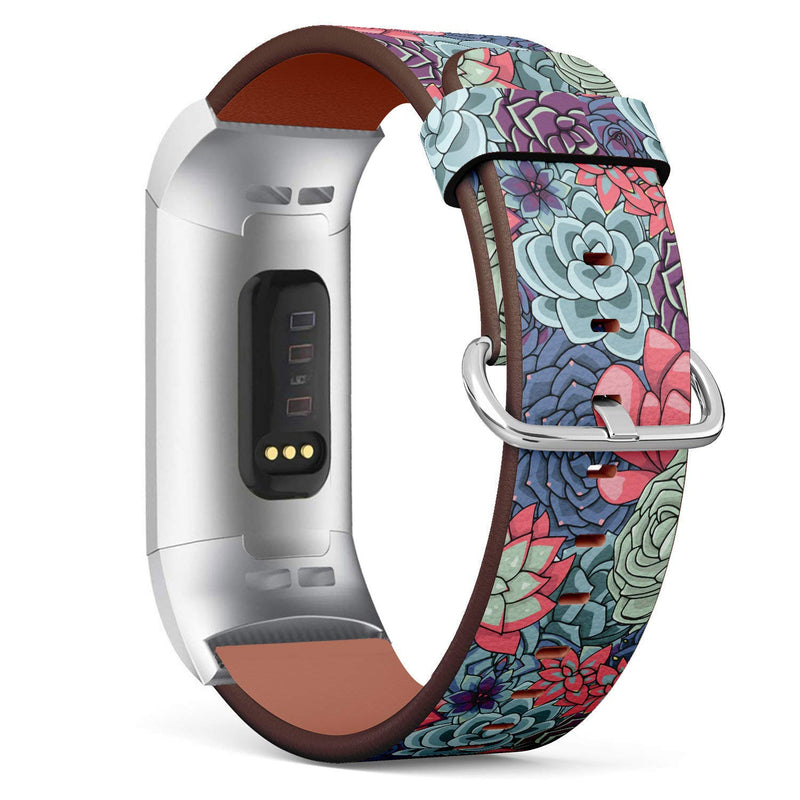 Replacement Leather Strap Printing Wristbands Compatible with Fitbit Charge 3 / Charge 3 SE - ?Colored Succulents and Cactus Floral Print