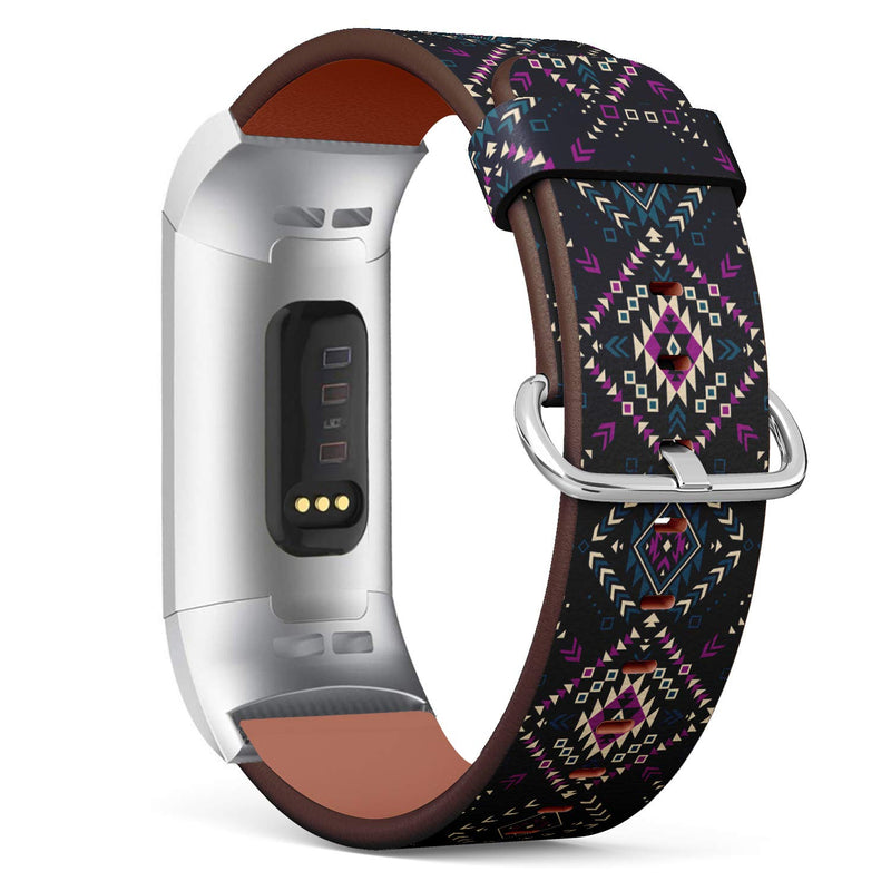 Replacement Leather Strap Printing Wristbands Compatible with Fitbit Charge 3 / Charge 3 SE - Tribal Navajo Pattern with Fitbit Aztec Fancy Abstract Geometric Art