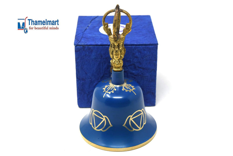 Tibetan Buddhist Meditation Bell Chakra Color - Bell of Enlightenment from Nepal 8 Inches Including free Box … (Blue) Blue