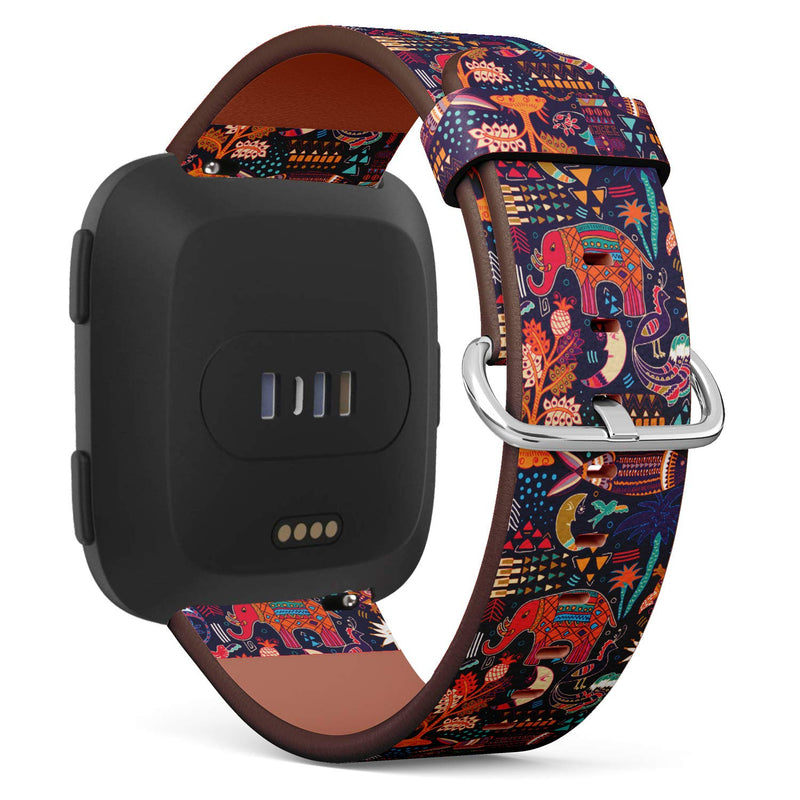 Replacement Leather Strap Printing Wristbands Compatible with Fitbit Versa - Hand Drawn Tribal Pattern with Fitbit Decorative Elephant Fish Moon and Geometric Elements