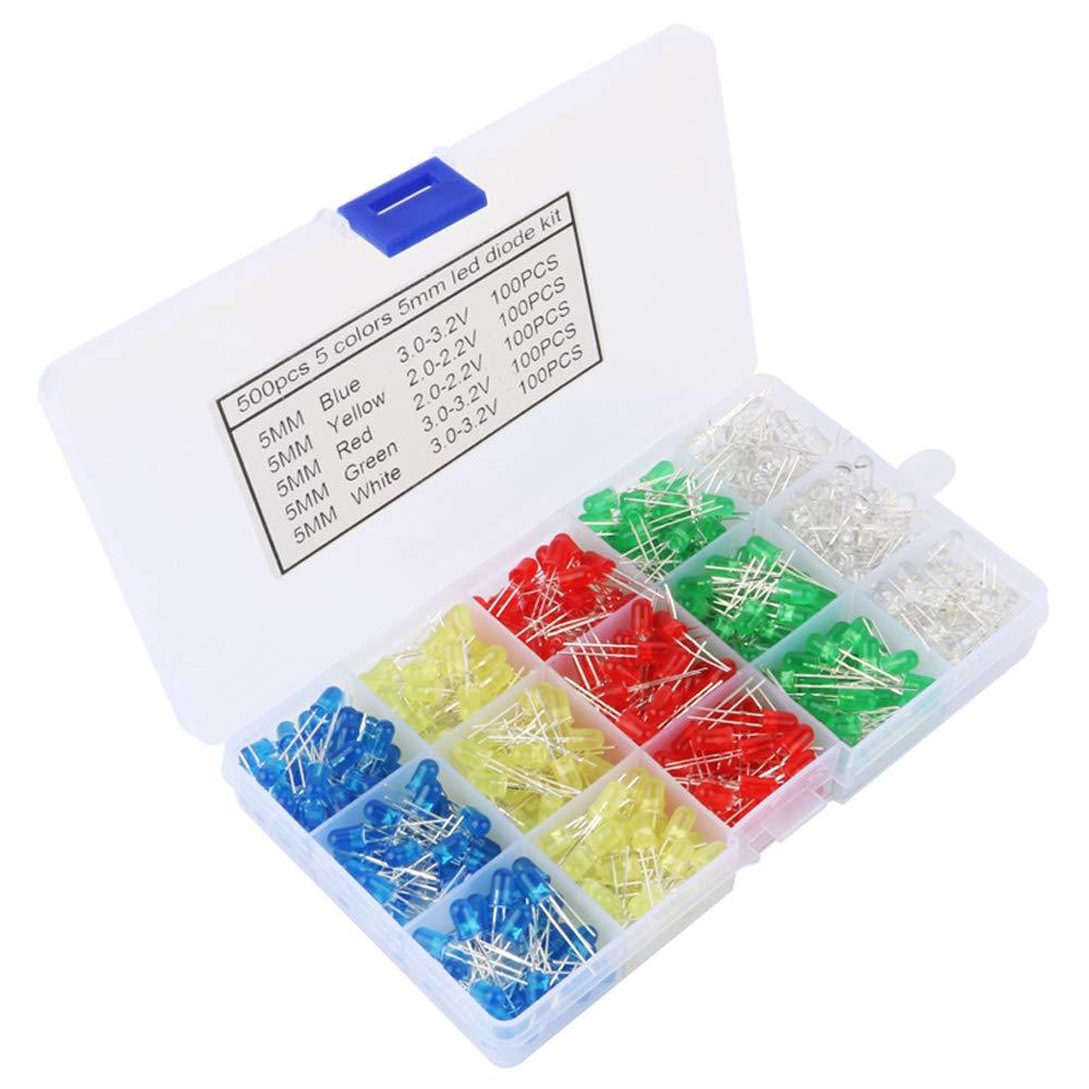 TOOHUI 500Pcs 5mm Led Diodes, Light Emitting Diode, Diodes Resistor Kit, Diffused 2pin Round Head Light Emitting Diodes Assorted Color White/Red/Yellow/Green/Blue Kit Box