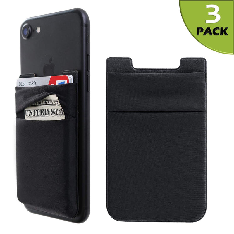 Phone Card Holder Stretchy Lycra Wallet Pocket Credit Card ID Case Pouch Sleeve 3M Adhesive Sticker Compatible with iPhone Samsung Galaxy Android Smartphones - 3Pack Black