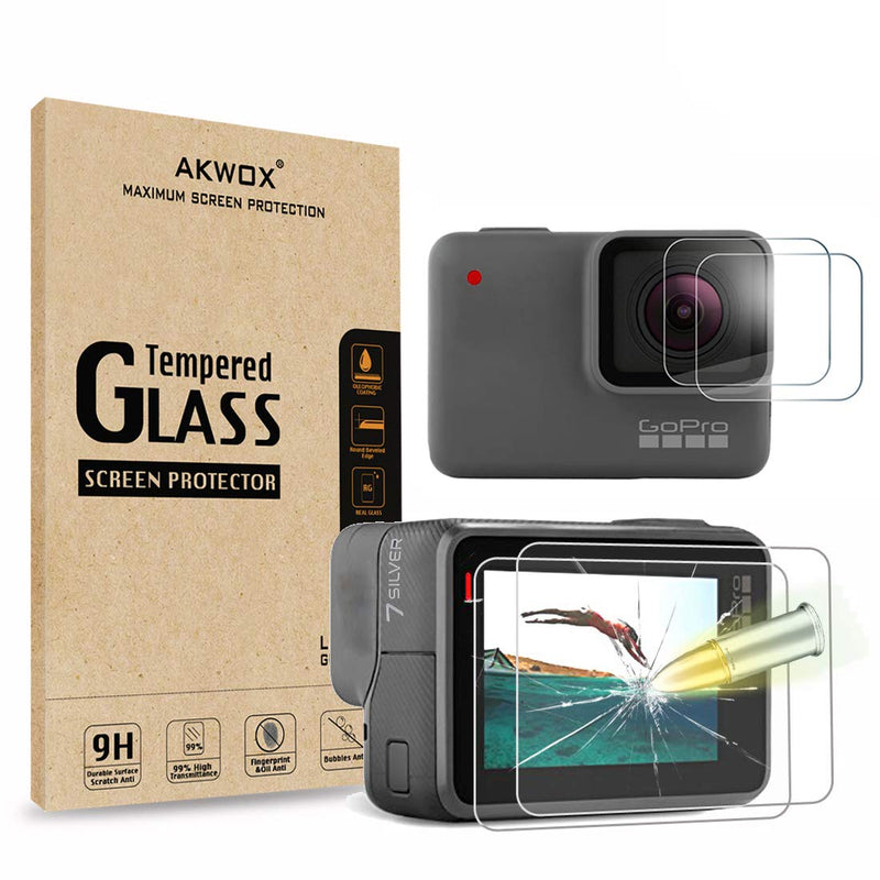 [4 Pack] Akwox Screen Protector for GoPro Hero 7 White/GoPro Hero 7 Silver, Upgraded Tempered Glass Screen Protector Film+Tempered Glass Lens Film Accessories for Go Pro Hero7 White Hero7 Silver