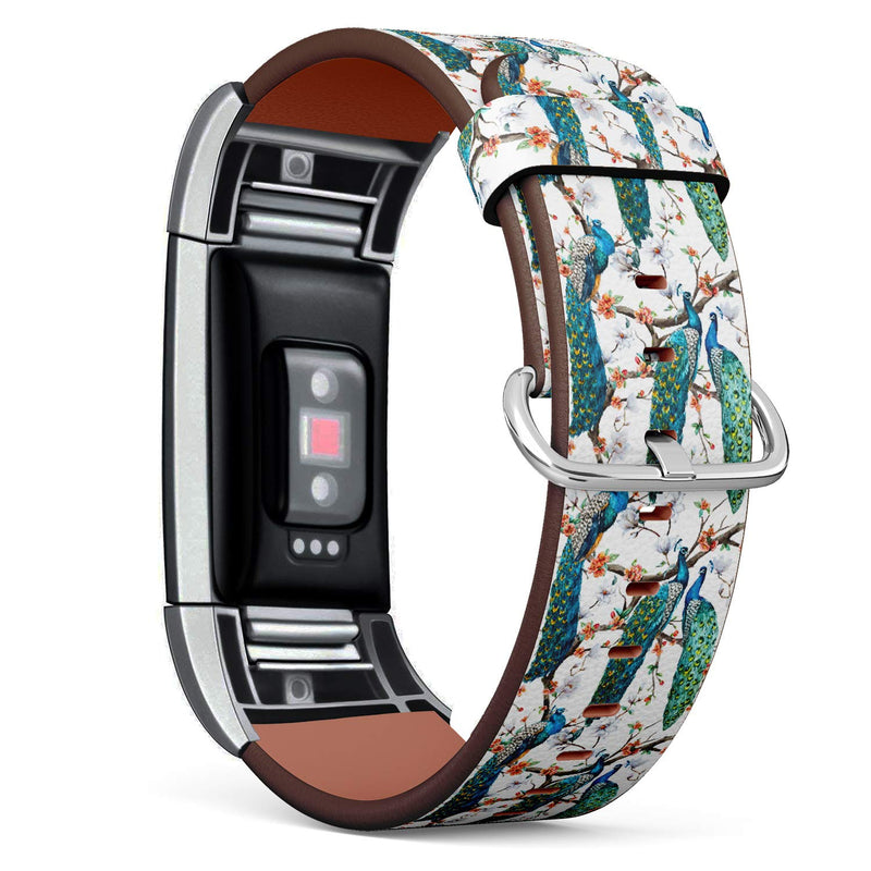 Replacement Leather Strap Printing Wristbands Compatible with Fitbit Charge 2 - Watercolor Pattern Peacock Lover and Blooming Cherry Trees