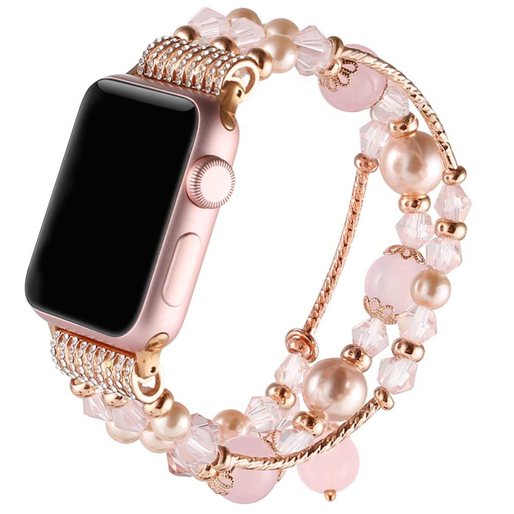 Suppeak Band Compatible with Apple Watch 38mm 40mm, Women Girl Elastic Handmade Pearl Bracelet Replacement for 38mm Apple Watch Series 4 3 2 1 Pink
