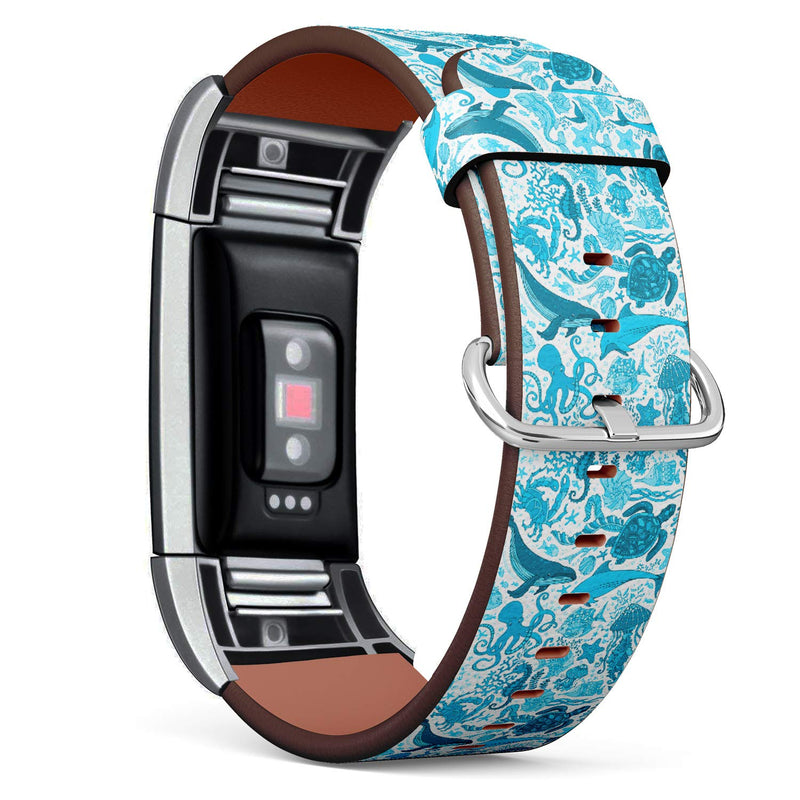 Replacement Leather Strap Printing Wristbands Compatible with Fitbit Charge 2 - ?Ocean Underwater Whale, Dolphin, Turtle, Starfish, Crab, Octopus Pattern