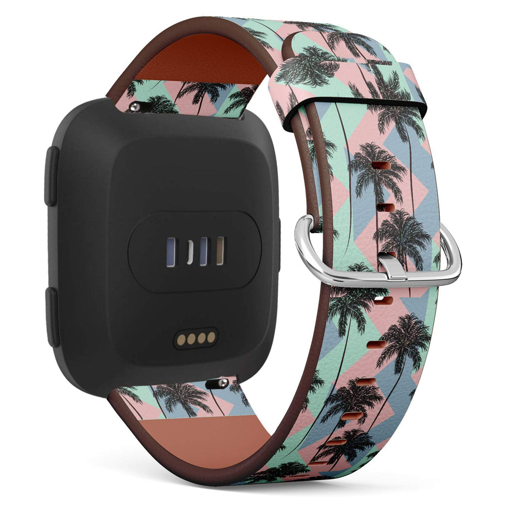 Replacement Leather Strap Printing Wristbands Compatible with Fitbit Versa - Vintage Summer Pattern with Fitbit Tropical Palm Trees and Retro Geometric Background