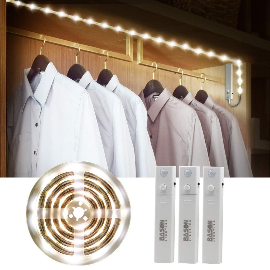 [AUSTRALIA] - Bason Motion Sensor LED Closet Light, Flexible LED Strip Stair Lights Battery Operated, Stick on Anywhere Kitchen Cabinet Light for Bedroom/Bathroom/Bookcase/Security Lighting, 4000K, 3 Packs. 3-pack 