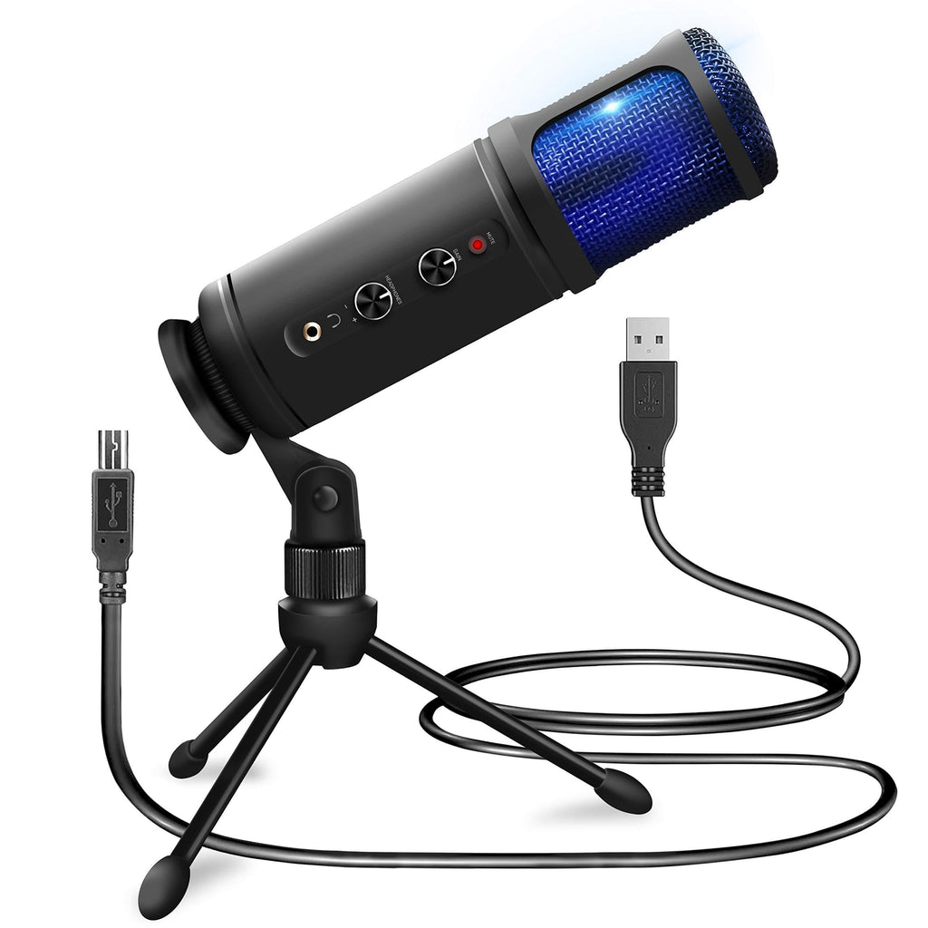 [AUSTRALIA] - USB PC Recording Condenser Microphone - Blue LED, Adjustable Gain, Headphone Jack, Mute Control, Tripod Stand - Portable Pro Audio Condenser Desk Mic for Podcast Streaming Gaming - Pyle PDMIUSB50 