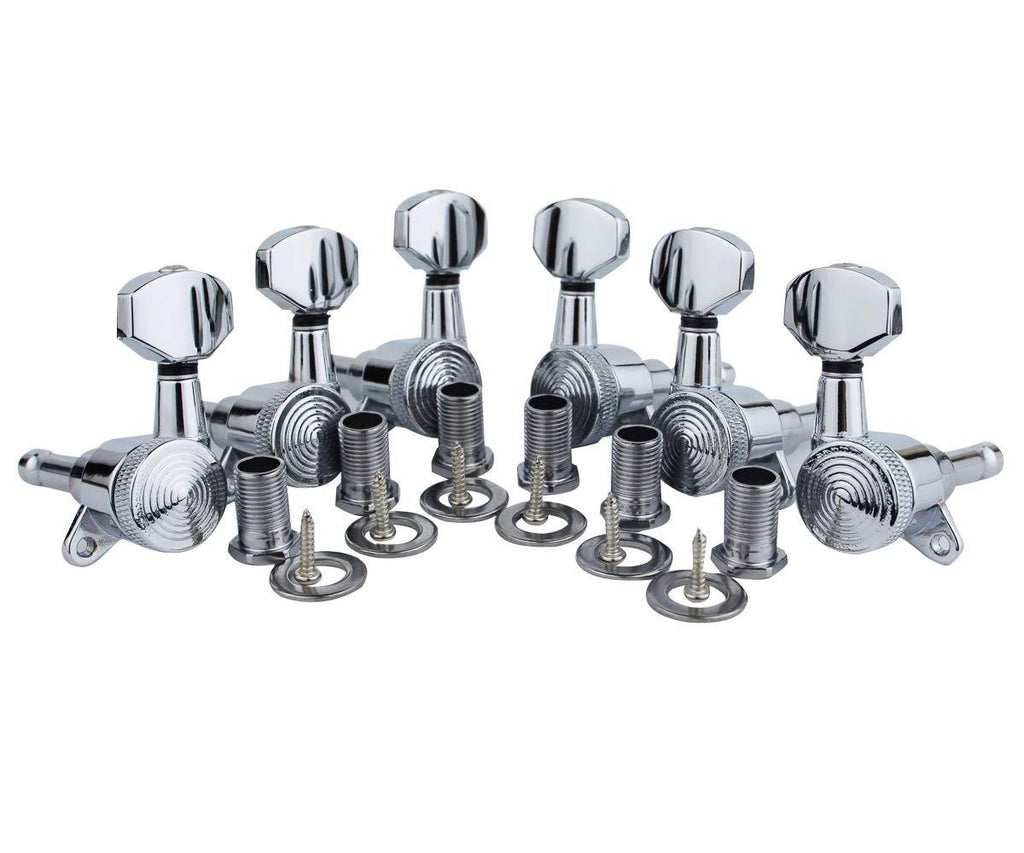 Guyker 6Pcs Guitar Machine Heads (3L + 3R) - 1:19 Locking Tuning Key Pegs Tuners Replacement for Electric or Acoustic Guitars (Chrome) 3L + 3R - Ratio 1:19 Chrome