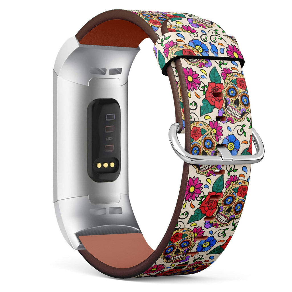 Replacement Leather Strap Printing Wristbands Compatible with Fitbit Charge 3 / Charge 3 SE - Rose Floral Sugar Skull