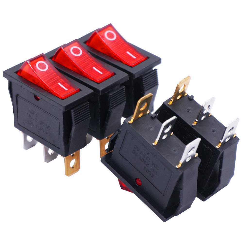 Twidec/5Pcs Rocker Switch 3 Pins 2 Position ON/Off AC 20A/125V 15A/250V SPST Red LED Light Illuminated Boat Rocker Switch Toggle（Quality Assurance for 1 Years）KCD3-101N-R