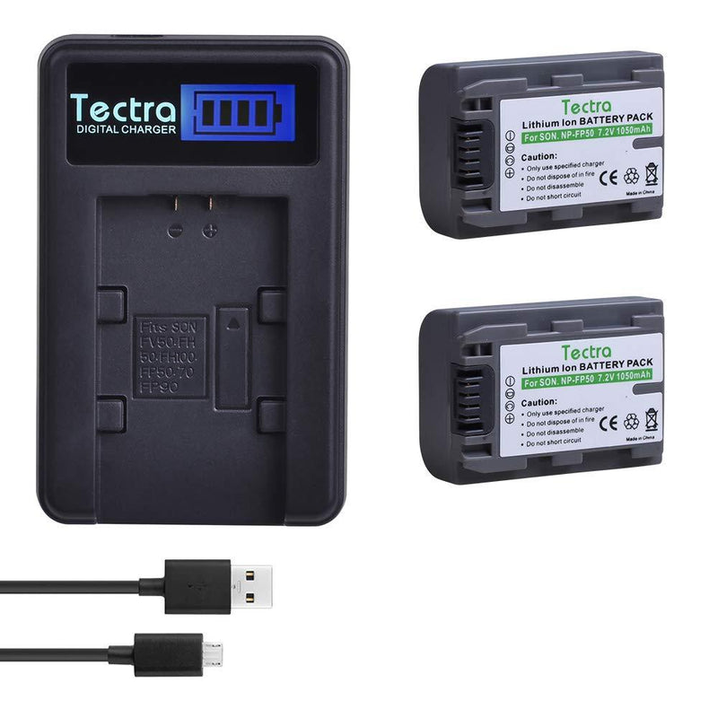 Tectra 2Pcs 1050mAh NP-FP50 Battery + LCD USB Charger for Sony NP-FP30 NP-FP60 NP-FP70 NP-FP71 Batteries; Sony DCR-HC30 40 43E 65 85 94E 96 DCR-SR30 40E 50E 60E 70E 80E 100 Cameras