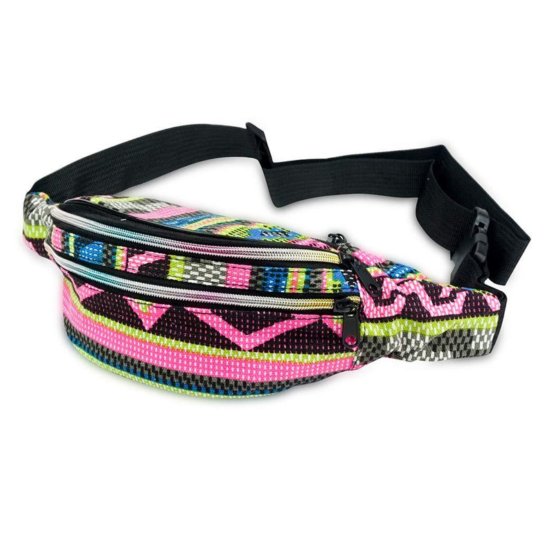 Face1st 3 Zippered Bohemian Fanny Pack Multi Strip Pattern Festival Bum Bags Lightweight Retro Travel Hiking Waist Bag (Bohemian Pink Green)