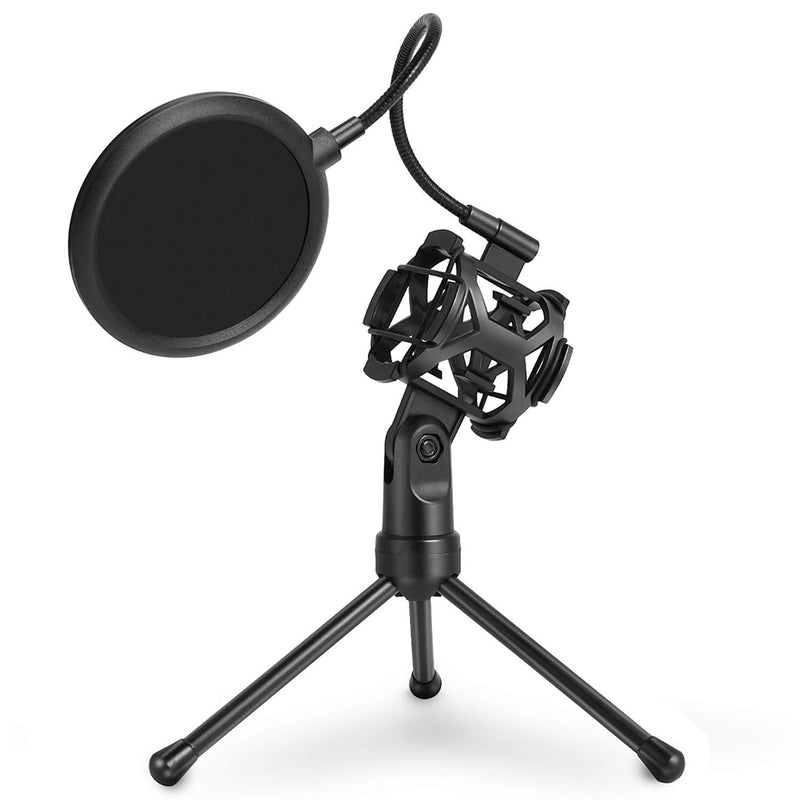 Black Desktop Microphone Tripod Stand with Shock Mount Microphone Holder & Pop Filter Mask Shield, Adjustable Portable for Studio Vocal Recording Podcasts, Music Recording, Online Chat, Lectures