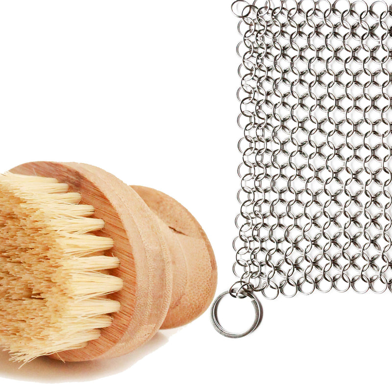 Cast Iron Sam’s Cast Iron Skillet Cleaning Kit- Chainmail Scrubber and All Natural Gentle Wooden Scrub Brush. Easily Clean While Protecting Your Cast Iron Seasoning. 1