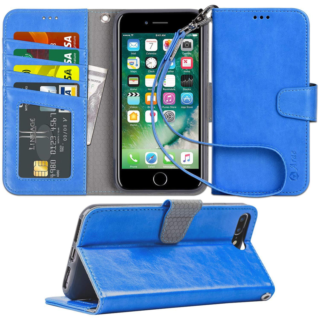 Arae Case for iPhone 7 Plus/iPhone 8 Plus, Premium PU Leather Wallet Case with Kickstand and Flip Cover for iPhone 7 Plus (2016) / iPhone 8 Plus (2017) 5.5 inch (Azure) Azure