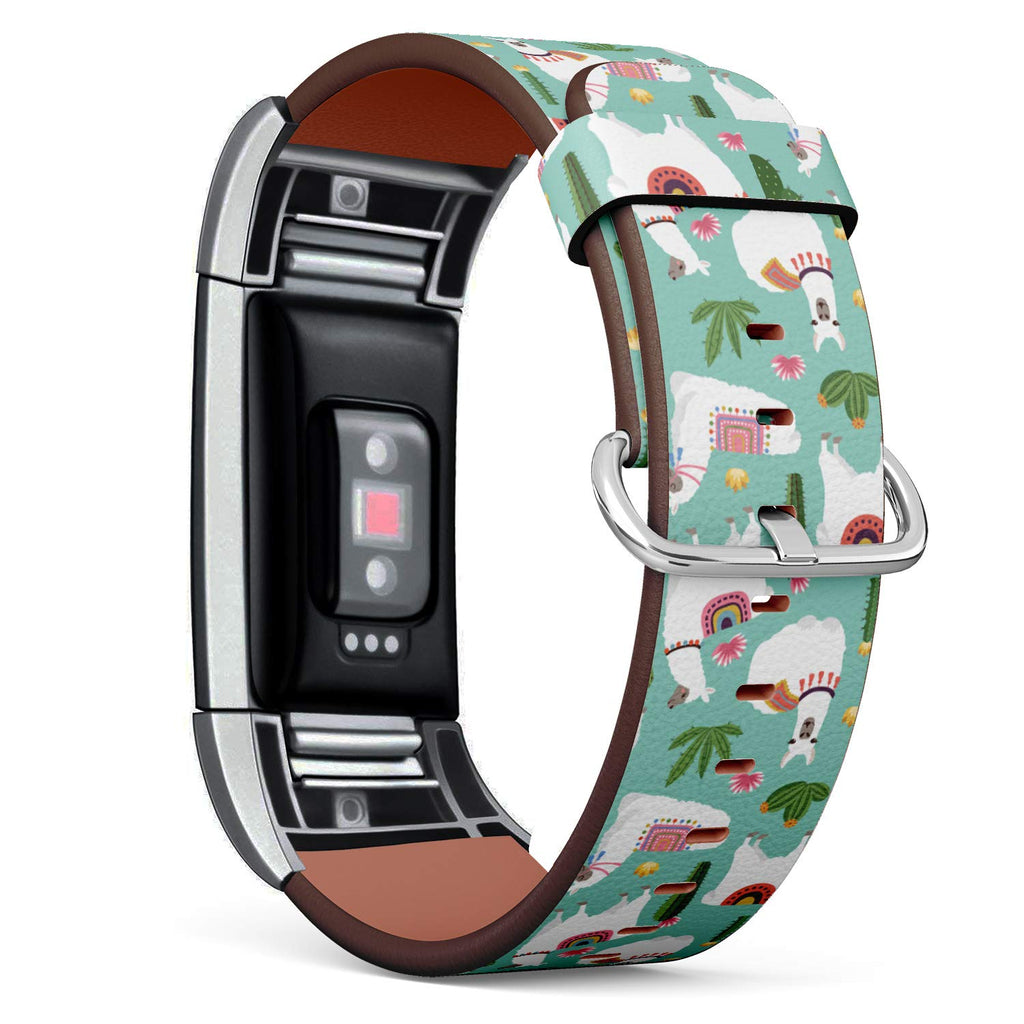 S-Type Leather Bracelet Watch Band Strap Replacement Wristband Compatible with Fitbit Charge 2 - Illustrations of Llama and Cactus?