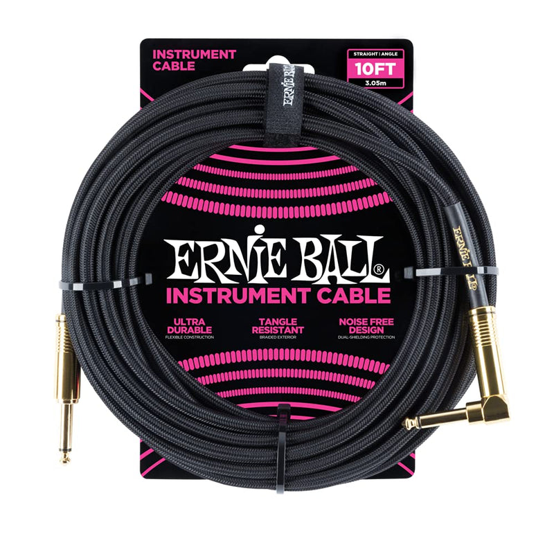 Ernie Ball Braided Instrument Cable, Straight/Angle, 10ft, Black (P06081) 10 feet
