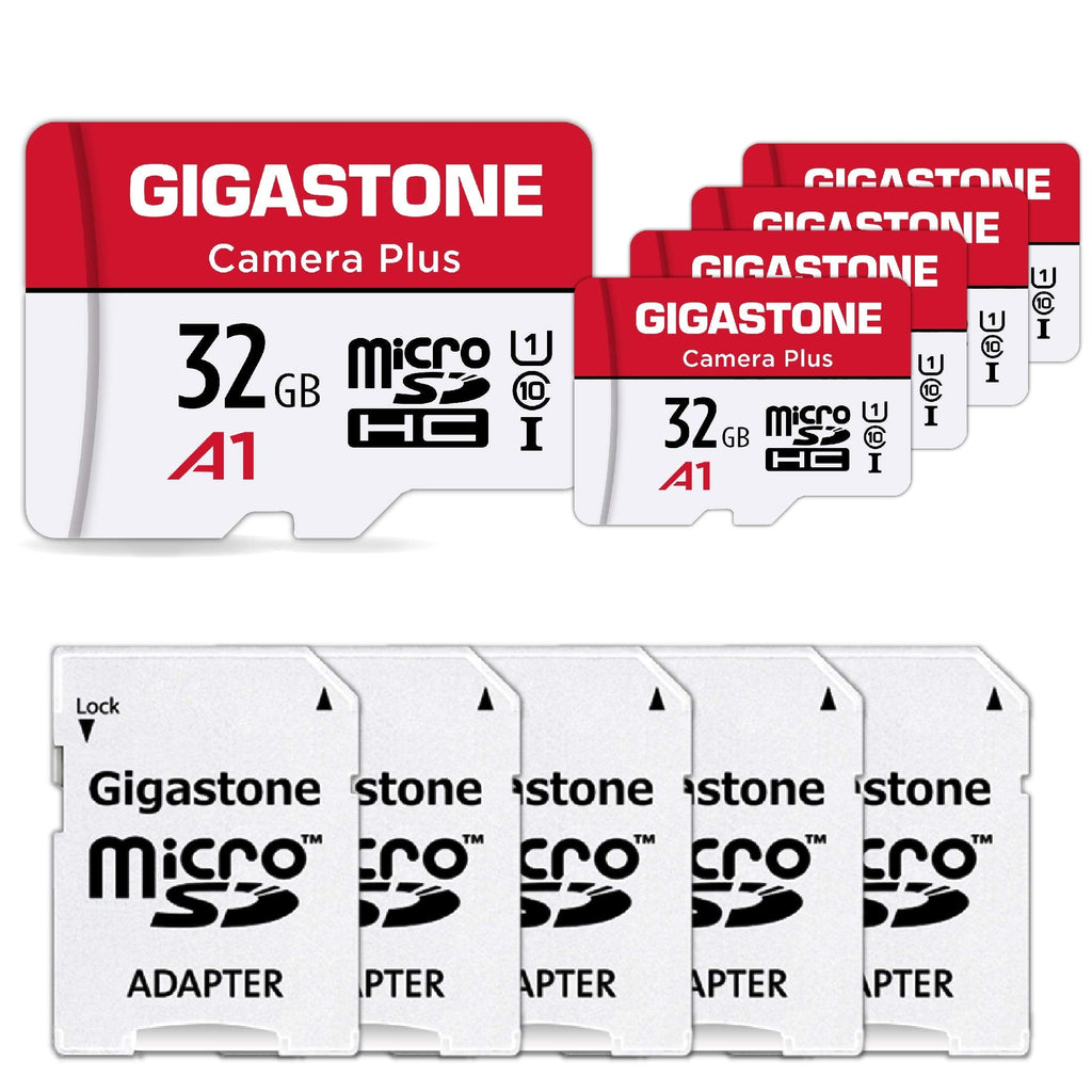 [Gigastone] Micro SD Card 32GB 5-Pack, Camera Plus, MicroSDHC Memory Card for Video Camera, Wyze Cam, Security Camera, Roku, Full HD Video Recording, UHS-I U1 A1 Class 10, up to 90MB/s, with Adapter Camera Plus 32GB 32GB Camera Plus 5-Pack