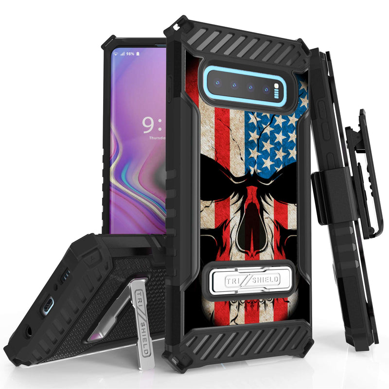 Beyond Cell TRISHIELD Series Rugged Cover with + [Belt Clip Holster] + [Built in Kickstand] Compatible with Galaxy S10 Plus- US Flag Skull #2 Galaxy S10+ Plus