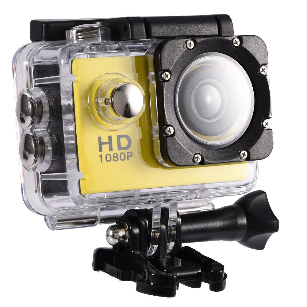 Action Camera 12MP Waterproof 30m Outdoor Sports Video DV Camera 1080P Full HD LCD Mini Camcorder with 900mAh Rechargeable Batteries and Mounting Accessories Kits(Yellow) Yellow