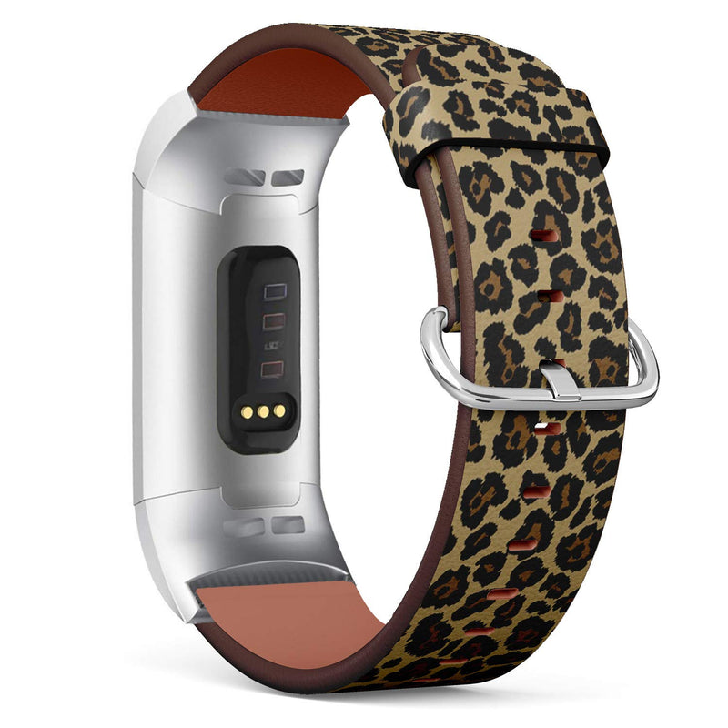 Compatible with Fitbit Charge 4 / Charge 3 / Charge 3 SE - Leather Watch Wrist Band Strap Bracelet with Stainless Steel Adapters (Leopard Design)