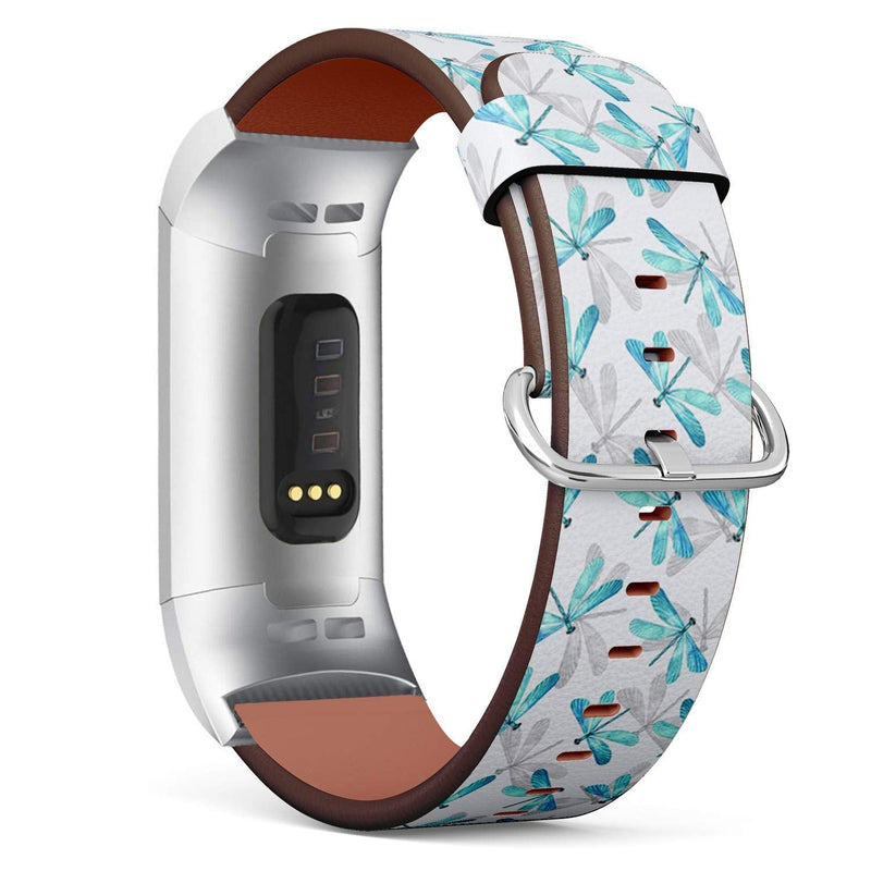 Compatible with Fitbit Charge 4 / Charge 3 / Charge 3 SE - Leather Watch Wrist Band Strap Bracelet with Stainless Steel Adapters (Dragonfly Blue Watercolor)